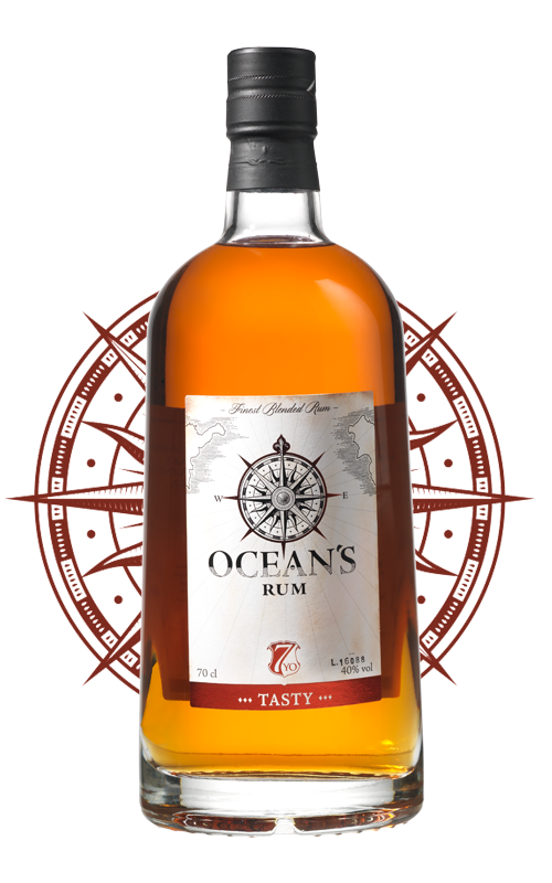 Botella de Ocean's Rum versión Tasty. Con astrolabio de fondo rojo